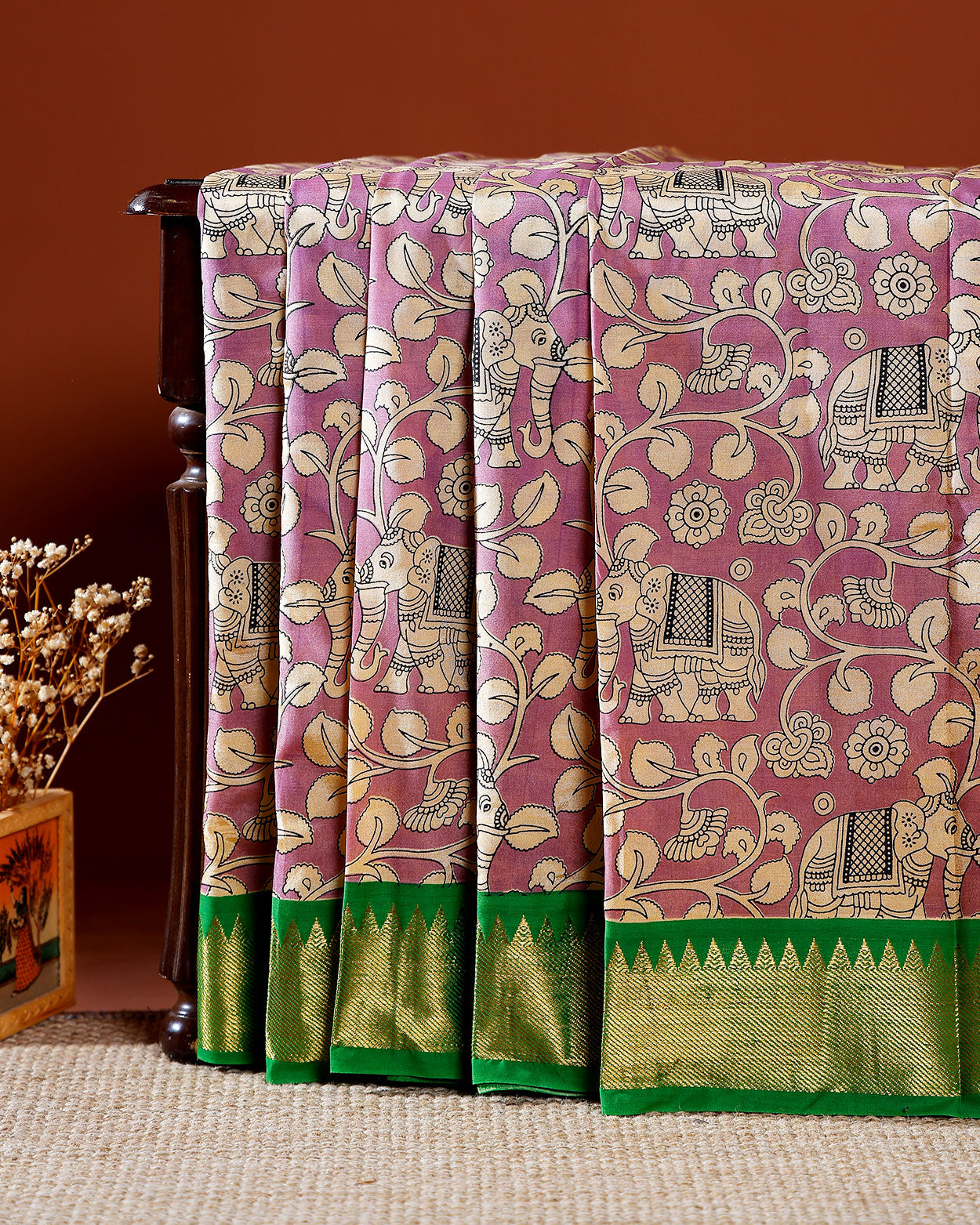 Elegant Mangalagiri Semi Silk Saree with Kalamkari Elephant & Floral Motifs and Zari Border - Onion Pink