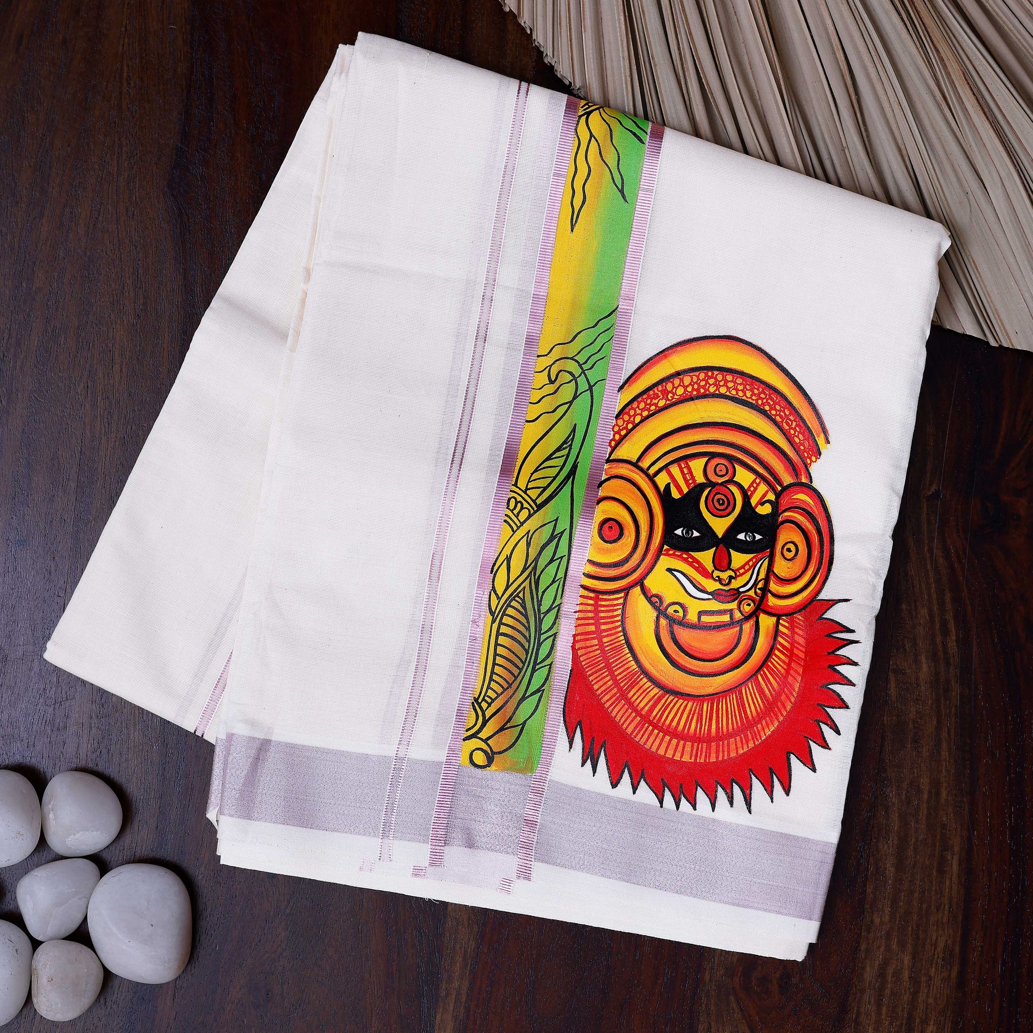 Men's Traditional Handpainted Kathakali Mural Kasavu Cotton Dhoti With Rose Gold Border - White