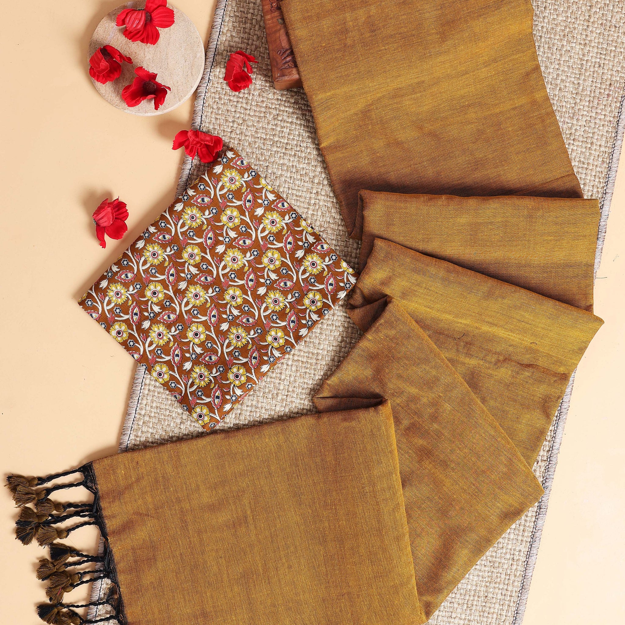Handwoven Khadi Cotton Saree with Contrast Printed Blouse and Tassel Accents - Mustard
