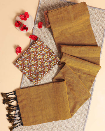 Handwoven Khadi Cotton Saree with Contrast Printed Blouse and Tassel Accents - Mustard