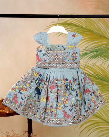 Classic Kids Pattu Pavadai Readymade a Traditional Ethnic Top with Embroidery - Blue