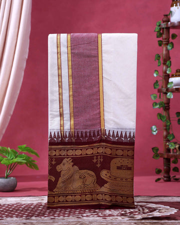 Men’s Classic Handloom Cotton Dhoti (9×5 Meter) with Traditional Multi Border - Off White