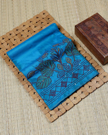 Elegant Hand Embroidered Women’s Blouse Material with Floral Thread Work and Geometric Border Design - Teal Blue