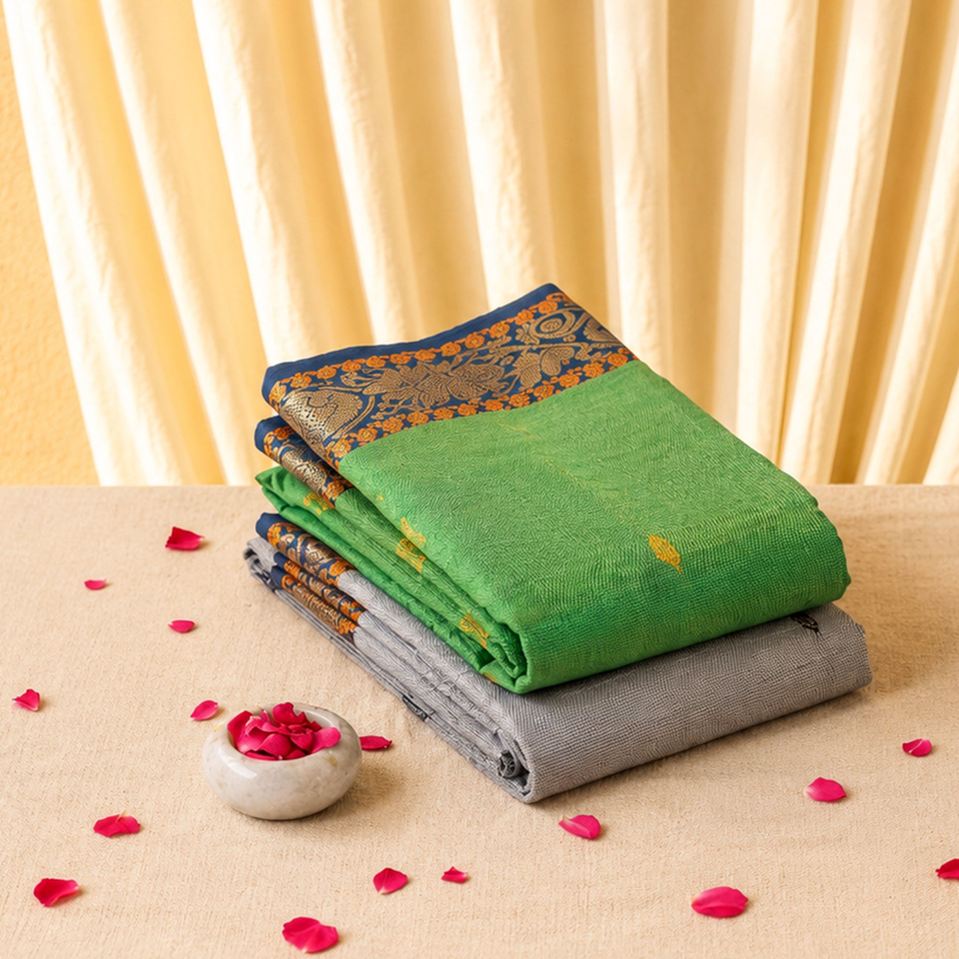 Kanchi cotton saree showcasing handcrafted zari border patterns stacked display view