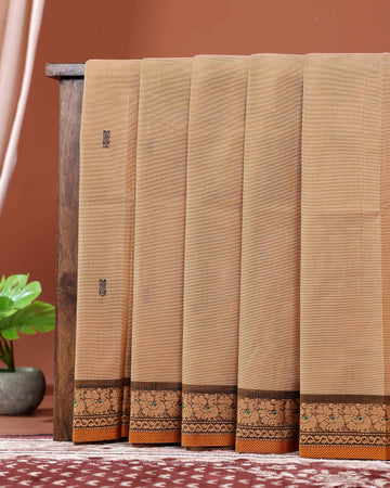 Traditional Chettinad Cotton Saree with Traditional Floral Zari Border - Brown