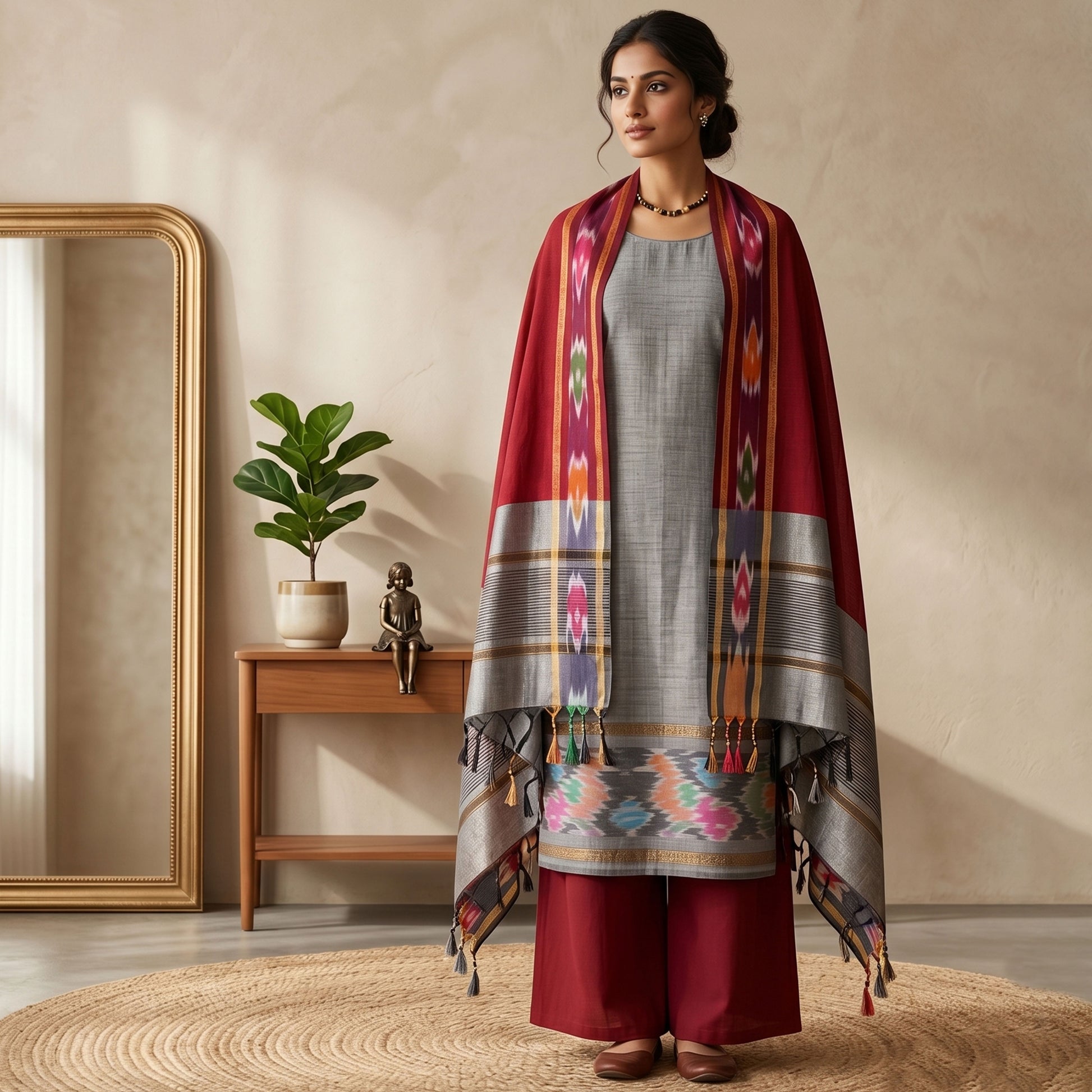 Light Grey Salwar Material Set With Red Pants Fabric And Colorful Ikat Dupatta Full Length Front View