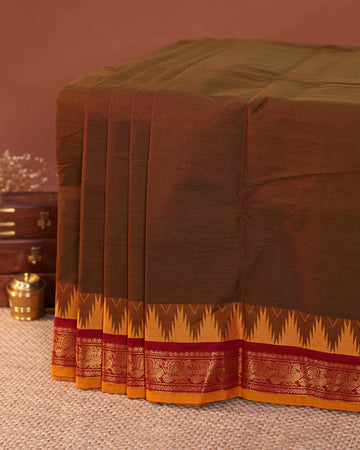 Traditional Handloom Chettinad Cotton Saree with Plain Body and Rich Temple Woven Border - Brown