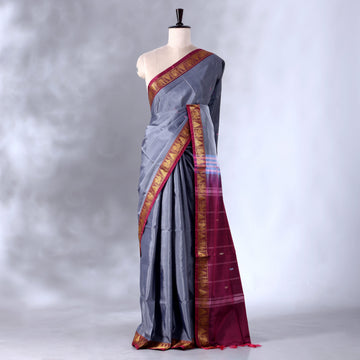 Charcoal Grey Banana Pith Semi Silk Saree for Women | Wedding & Festive occasion | Jeyachandran - Full View