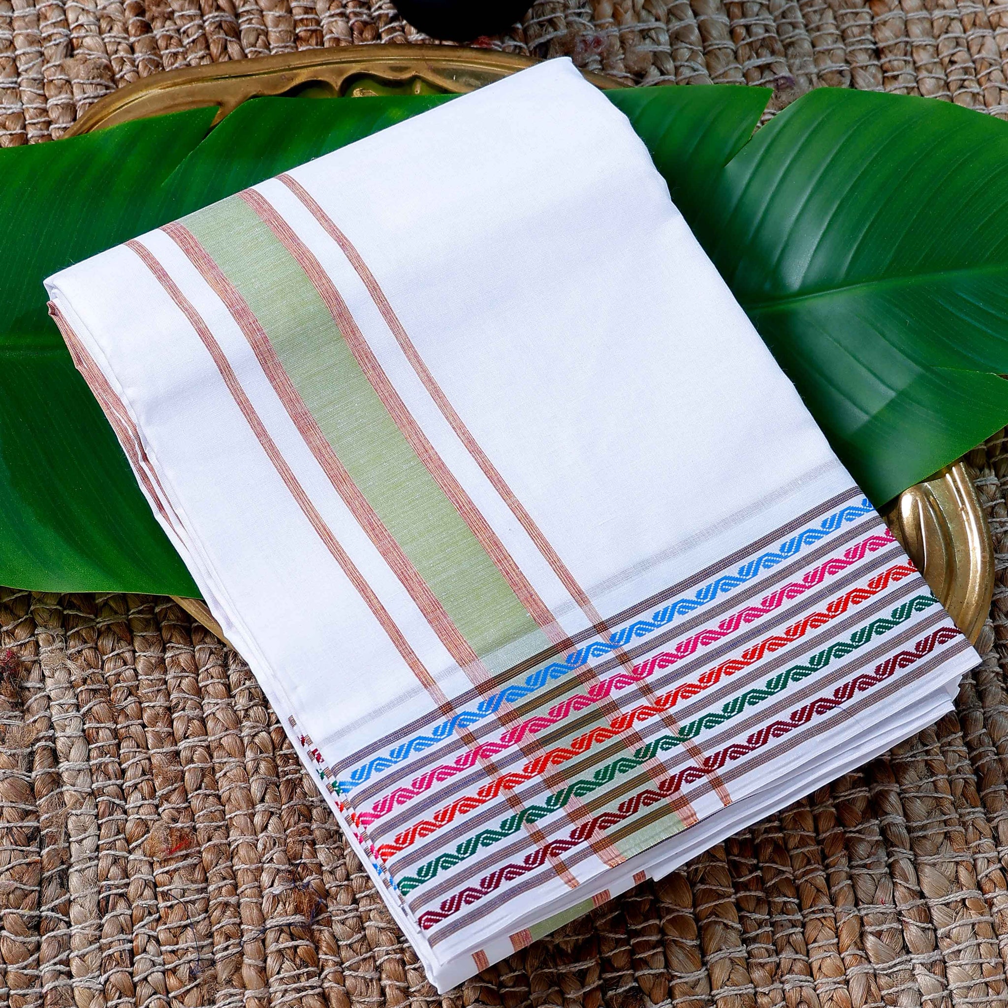 Men’s Cotton Dhoti with Multi Colour Border - White