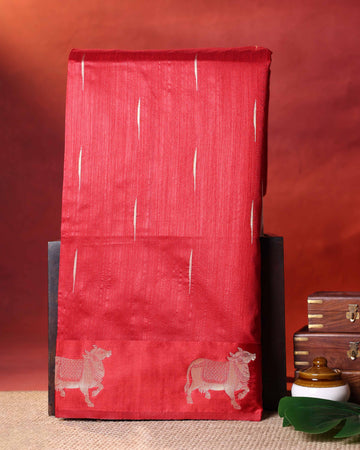 Traditional Paithani Inspired Raw Silk Saree with Butti Motifs and Intricate Animal Woven Border  - Red