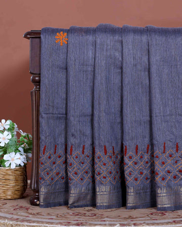 Elegant Kantha Hand Embroidered Saree with Intricate Floral Motif and Contrast Border - Grey