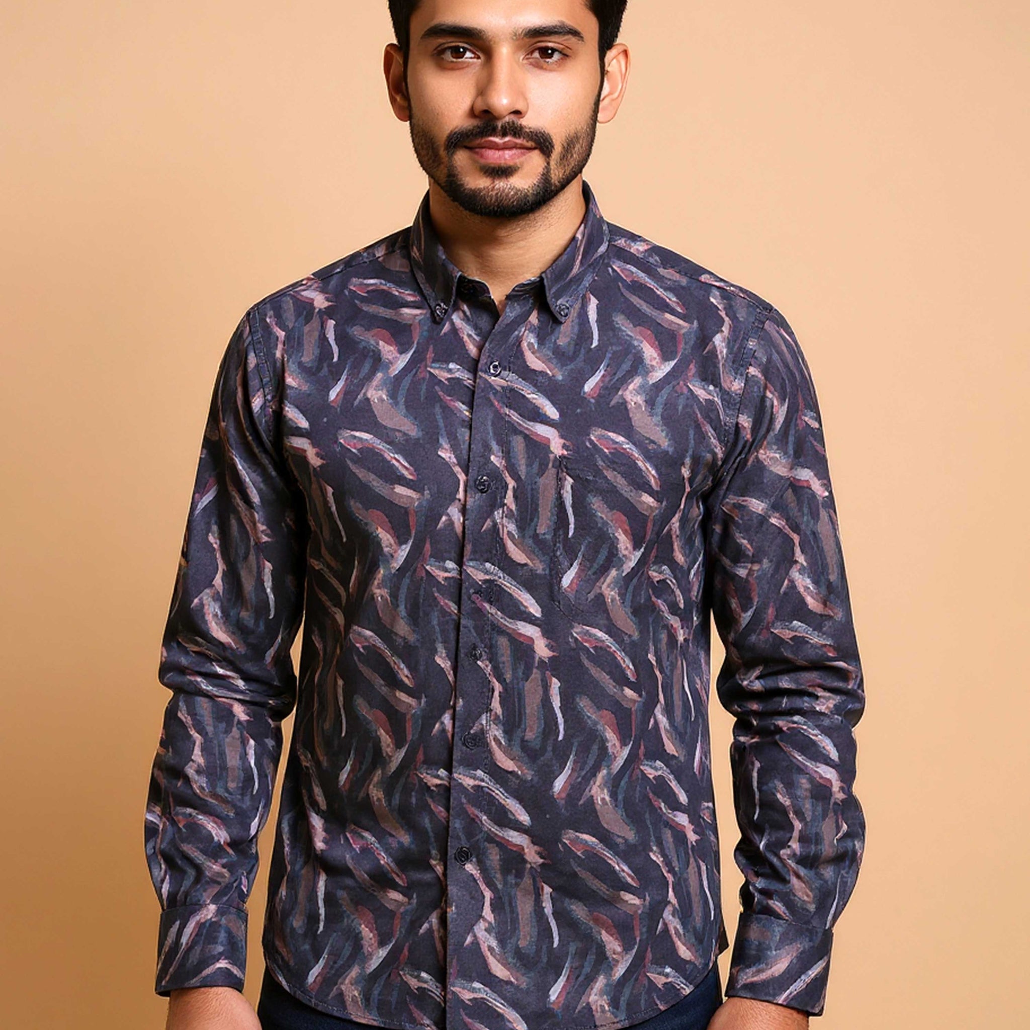 Men's Nativebull Abstract Printed Casual Shirt with Spread Collar and Full Sleeves - Purple