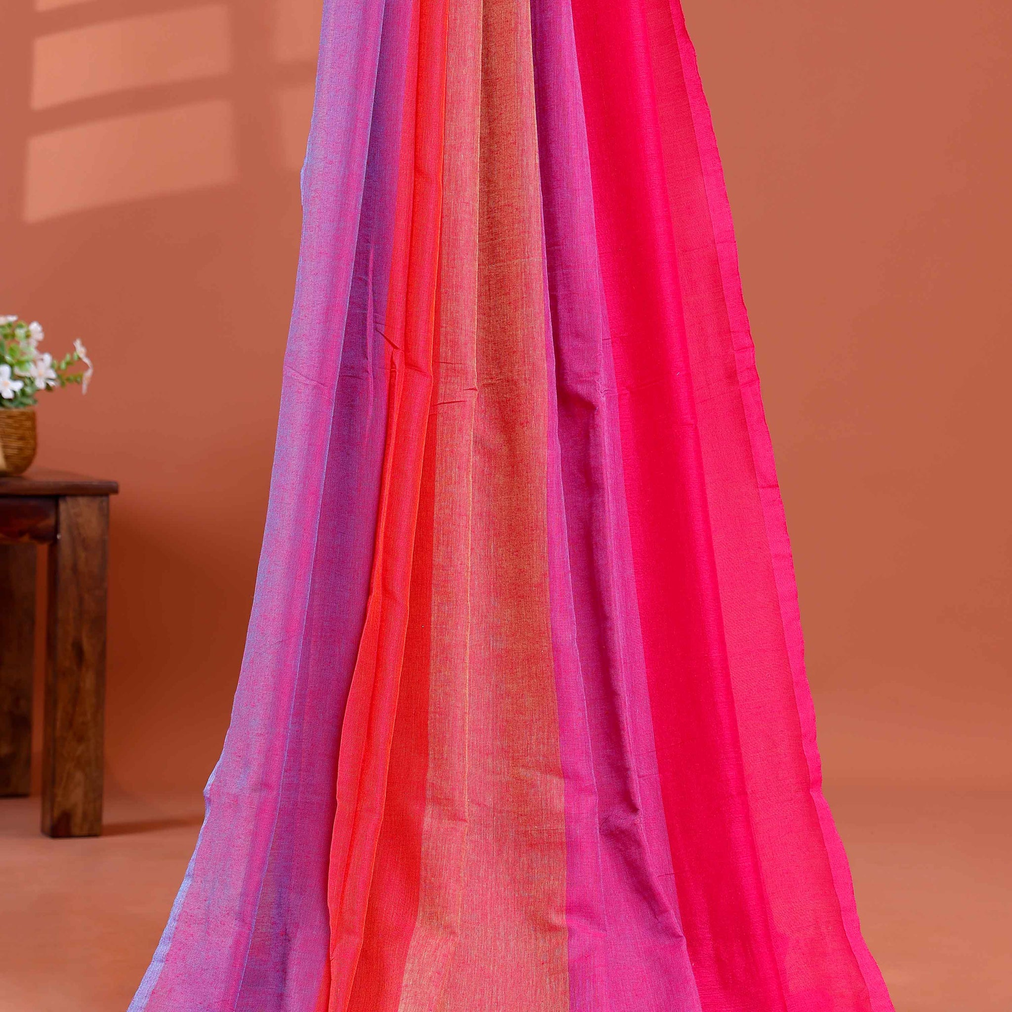 Handwoven Mul Mul Cotton Saree with Bold Striped Pattern and Tassel Detailing - Multi