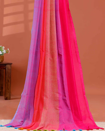 Handwoven Mul Mul Cotton Saree with Bold Striped Pattern and Tassel Detailing - Multi