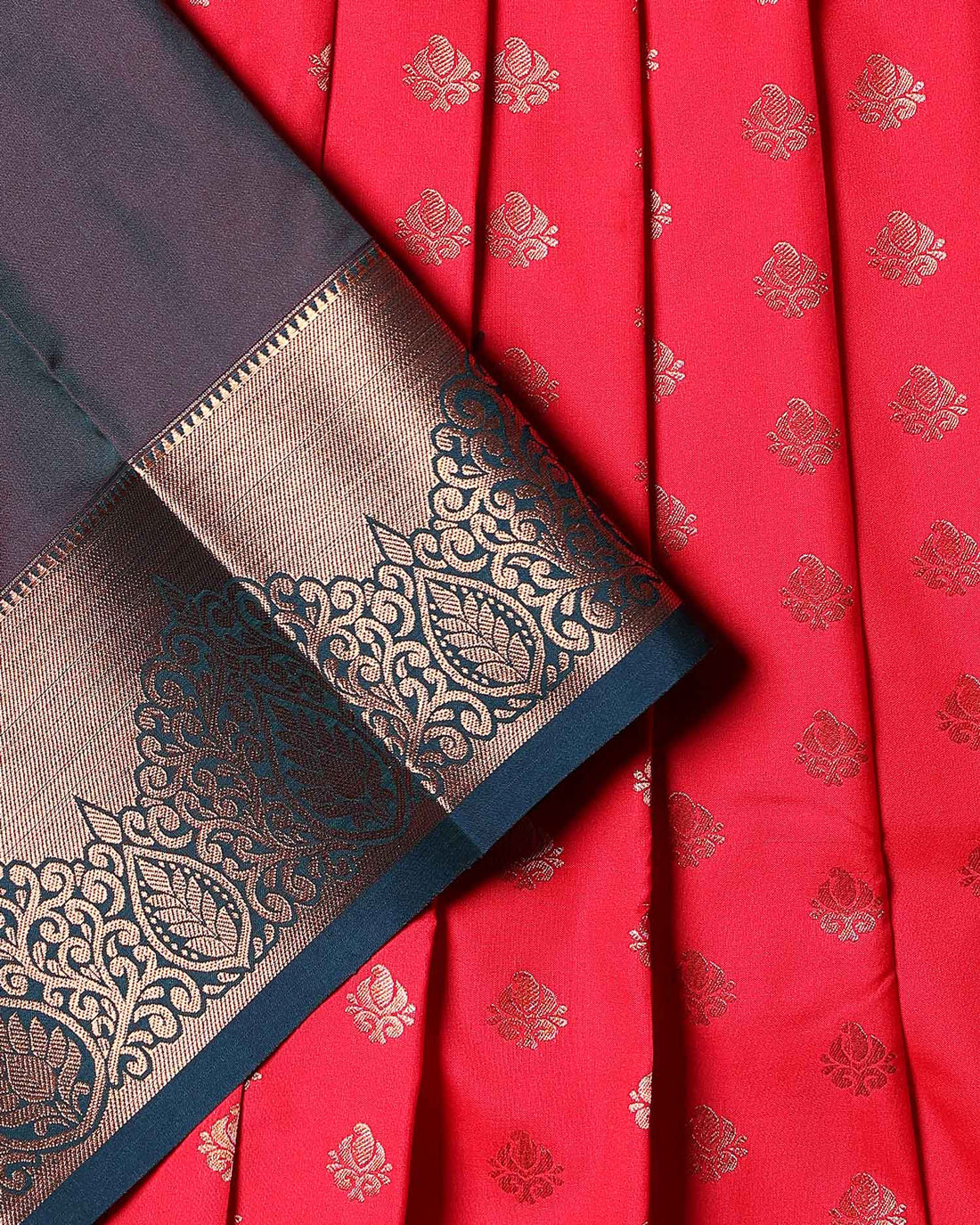 Traditional Kids Pattu Pavadai Material with Elegant Zari Butta Motifs and Traditional Contrast Woven Border - Red