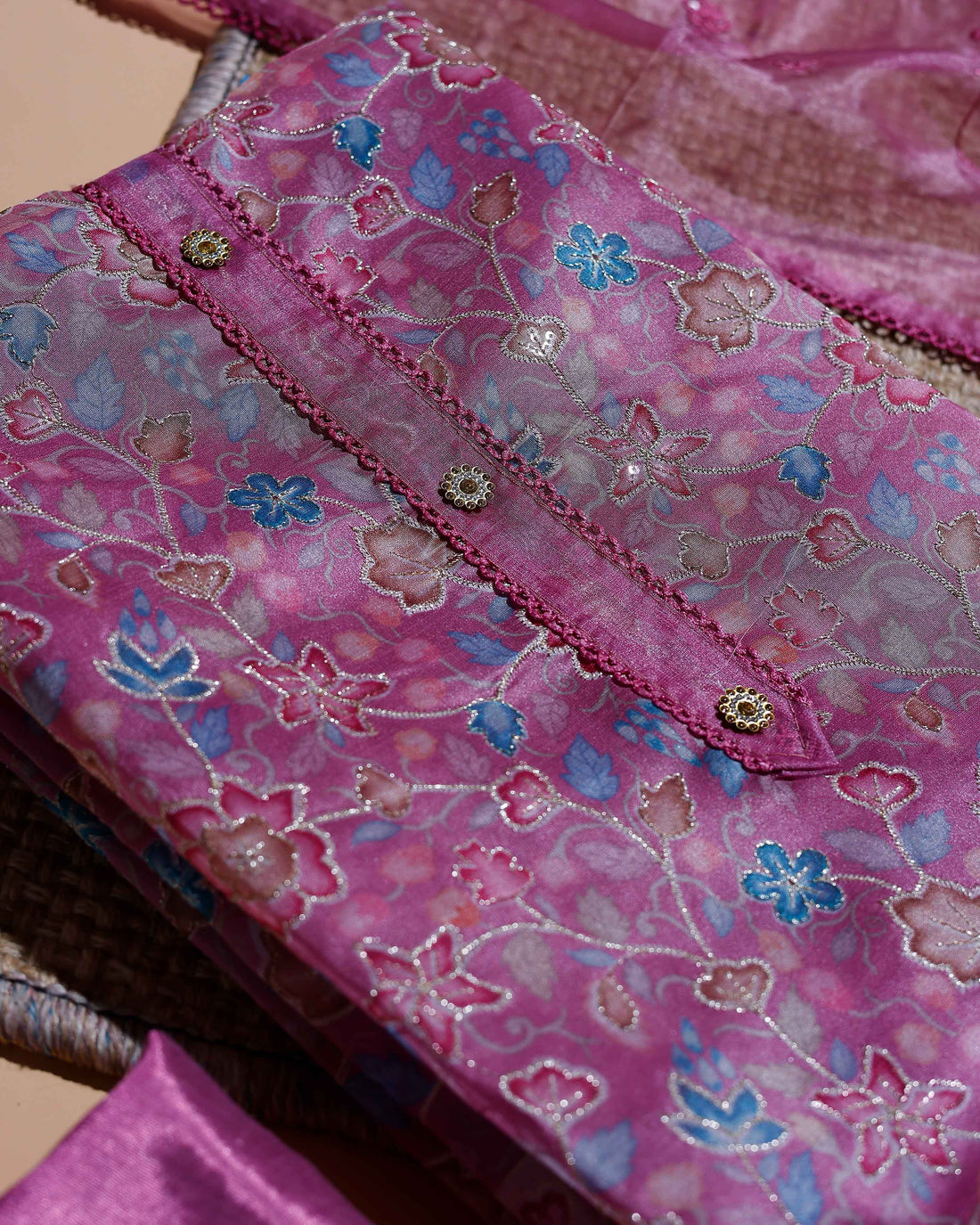 Women's Floral Embroidered Salwar Suit Material with Plain Silk Bottom and Embellished Dupatta - Pink