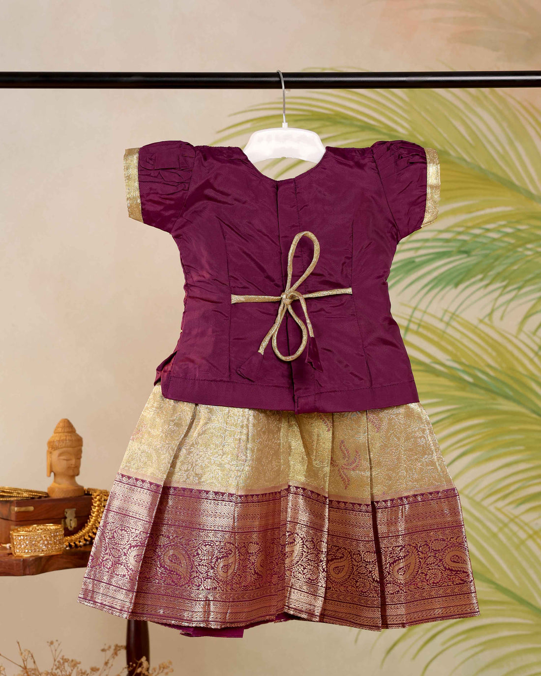 Traditional Kids Pattu Pavadai Readymade a Traditional Ethnic Gown with Zari Border & Puff Sleeves  - Purple