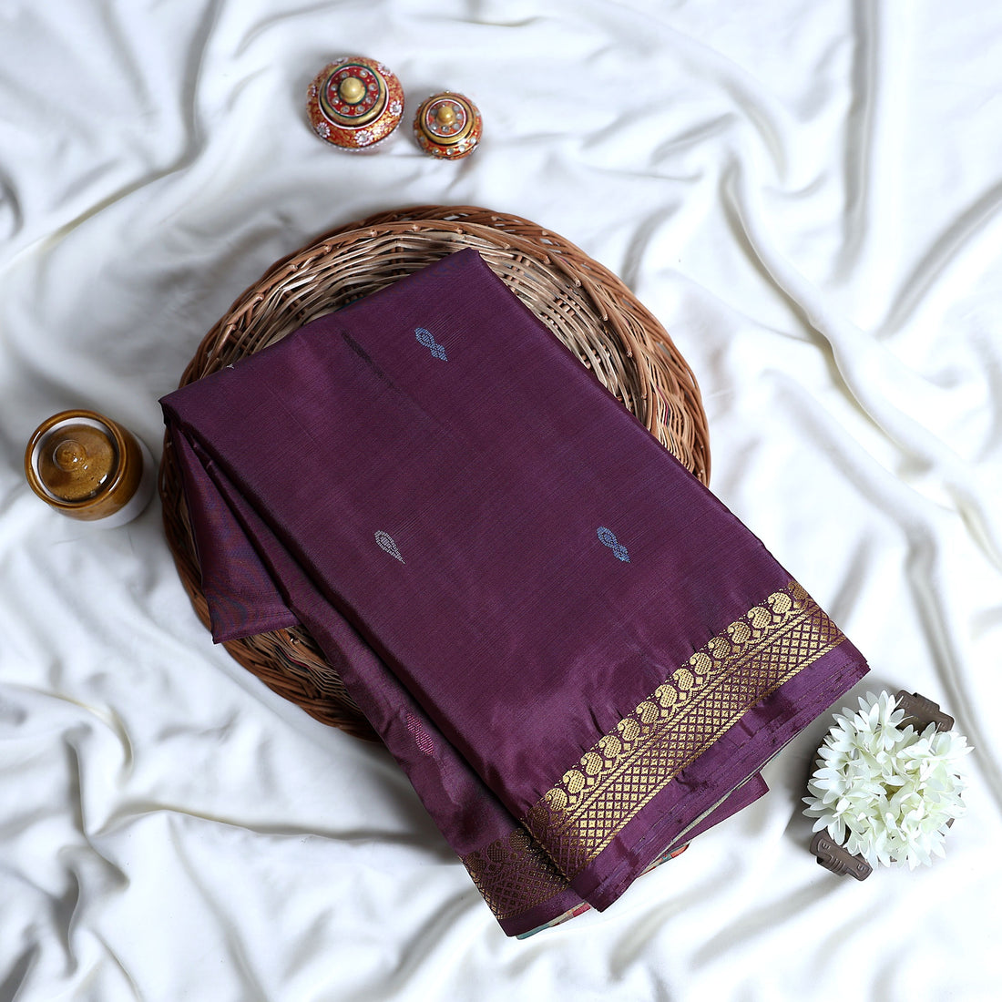 Dark Purple Banana Pith Semi Silk Saree for Women | Wedding & Festive occasion | Jeyachandran - Full View
