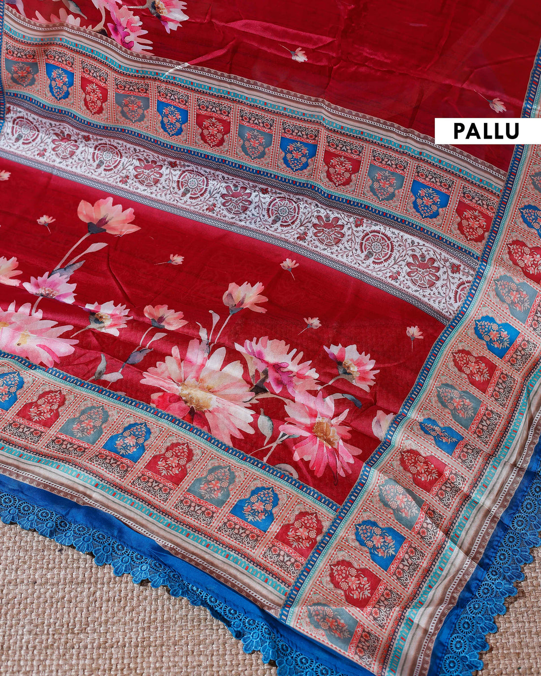 Elegant Georgette Saree with Intricate Floral Embroidery and Traditional Patterned Border - Red