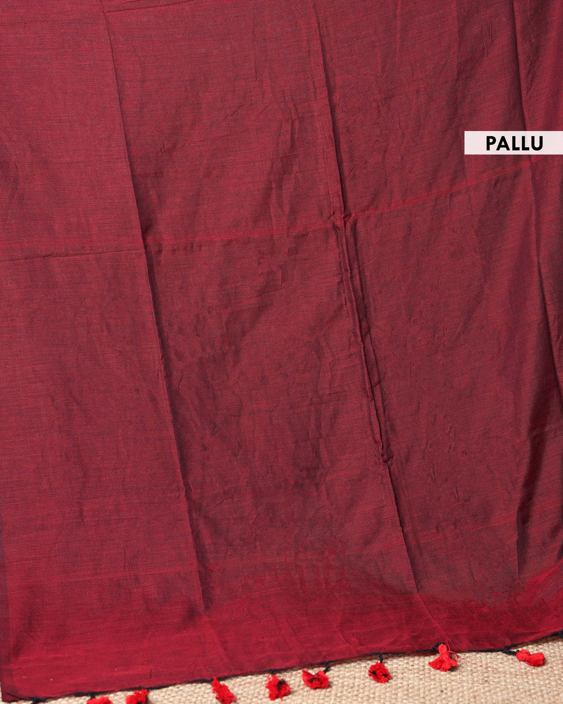 Handwoven Khadi Cotton Saree with Contrast Printed Blouse and Tassel Accents - Maroon