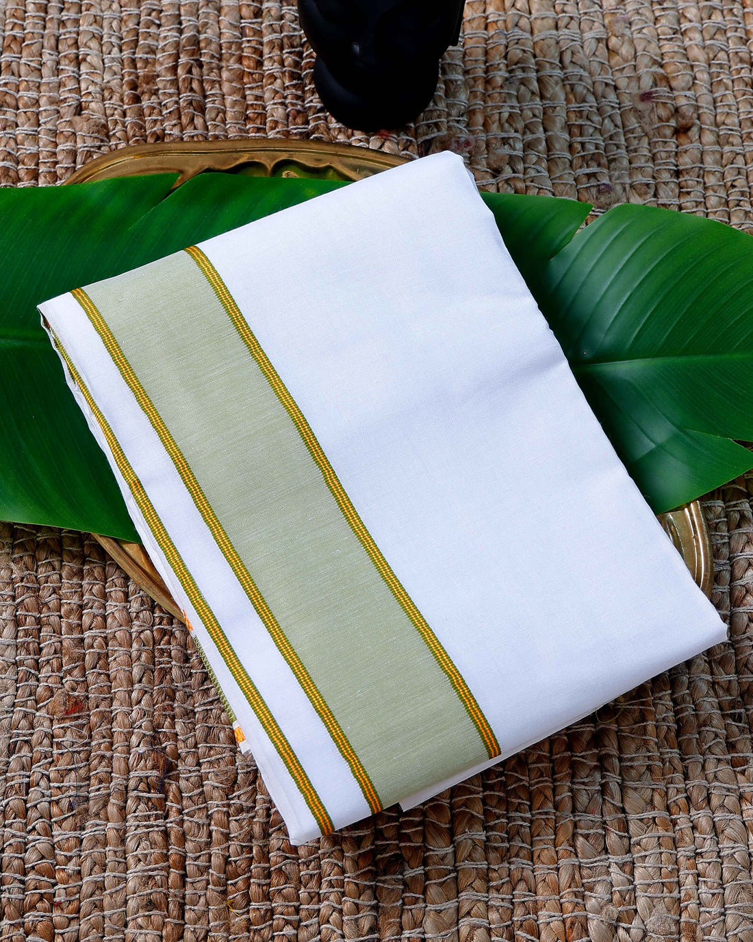 Men’s Cotton Dhoti with Green Colour Border - White