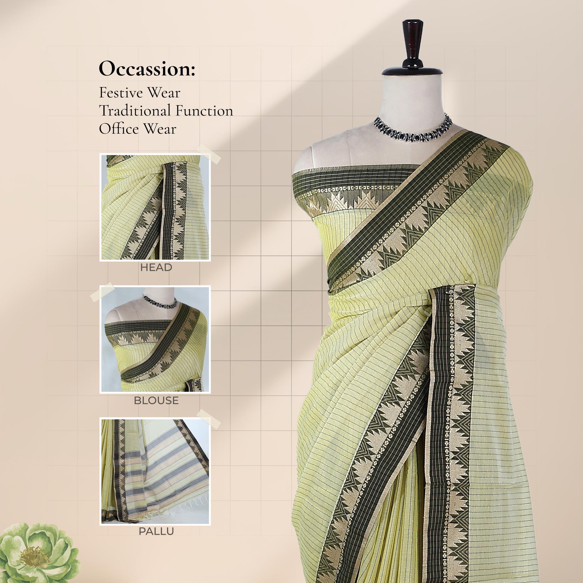 Light Green Mangalagiri Cotton Saree  a Striped Weave Pattern And Traditional Temple Motif Border Suitable For Festive And Ethnic Wear
