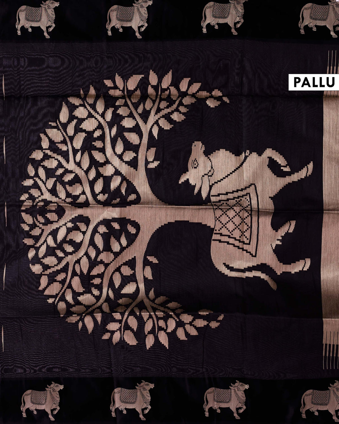 Traditional Paithani Inspired Raw Silk Saree with Butti Motifs and Intricate Animal Woven Border  - Black