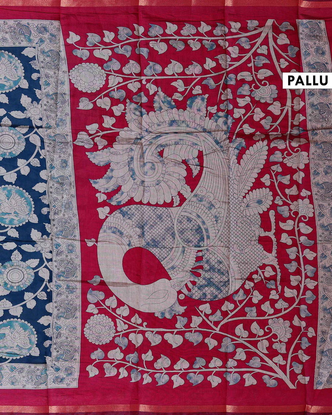Elegant Traditional Semi Chanderi Kalamkari Saree with Peacock and Floral Motifs with Woven Border - Blue