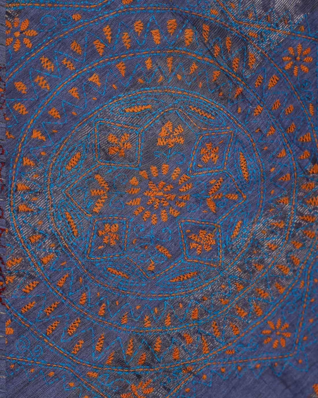 Elegant Kantha Hand Embroidered Saree with Intricate Floral Motif and Contrast Border - Grey