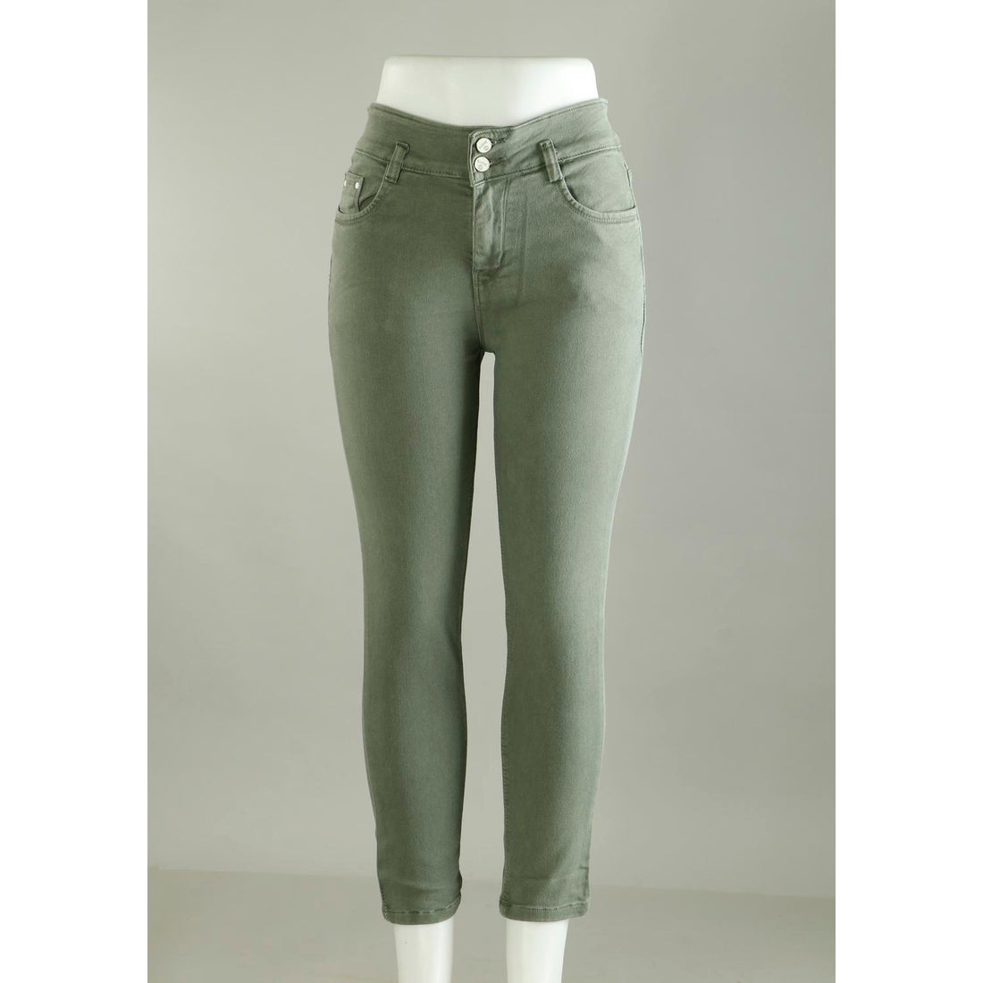 Women Green Pencil Cut  Button Jeans
