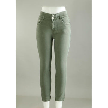 Women Green Pencil Cut  Button Jeans
