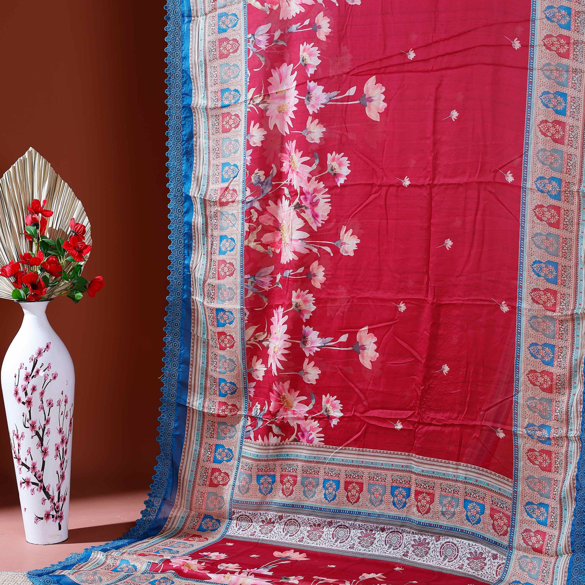 Elegant Georgette Saree with Intricate Floral Embroidery and Traditional Patterned Border - Red
