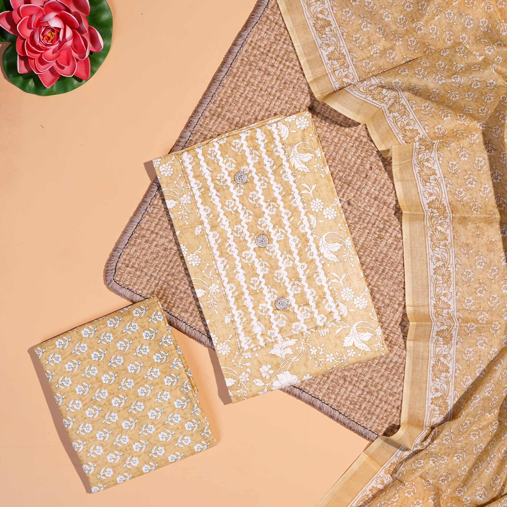 Elegant Floral Printed Unstitched Salwar Suit Material with Embellished Buttons - Sandal