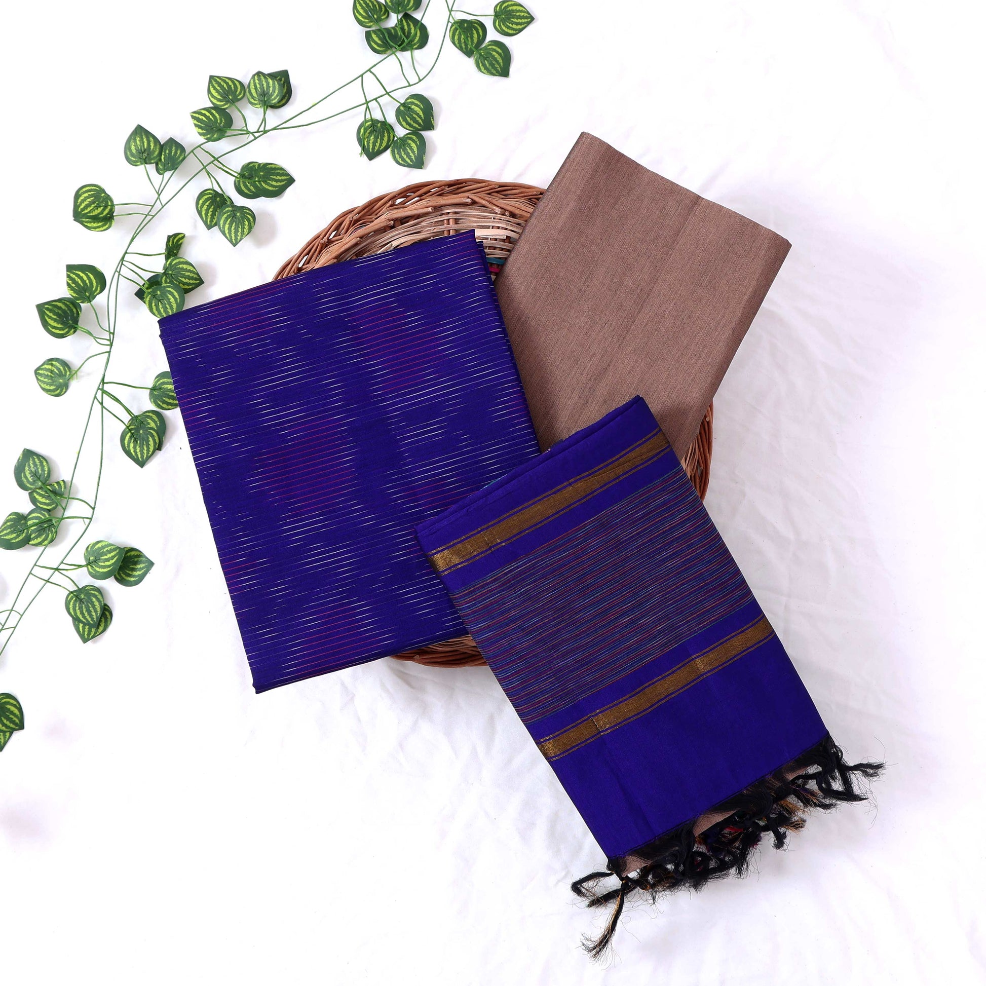 Cotton Salwar Material In Royal Blue With Striped Pattern Brown Contrast Dupatta Flat Lay View
