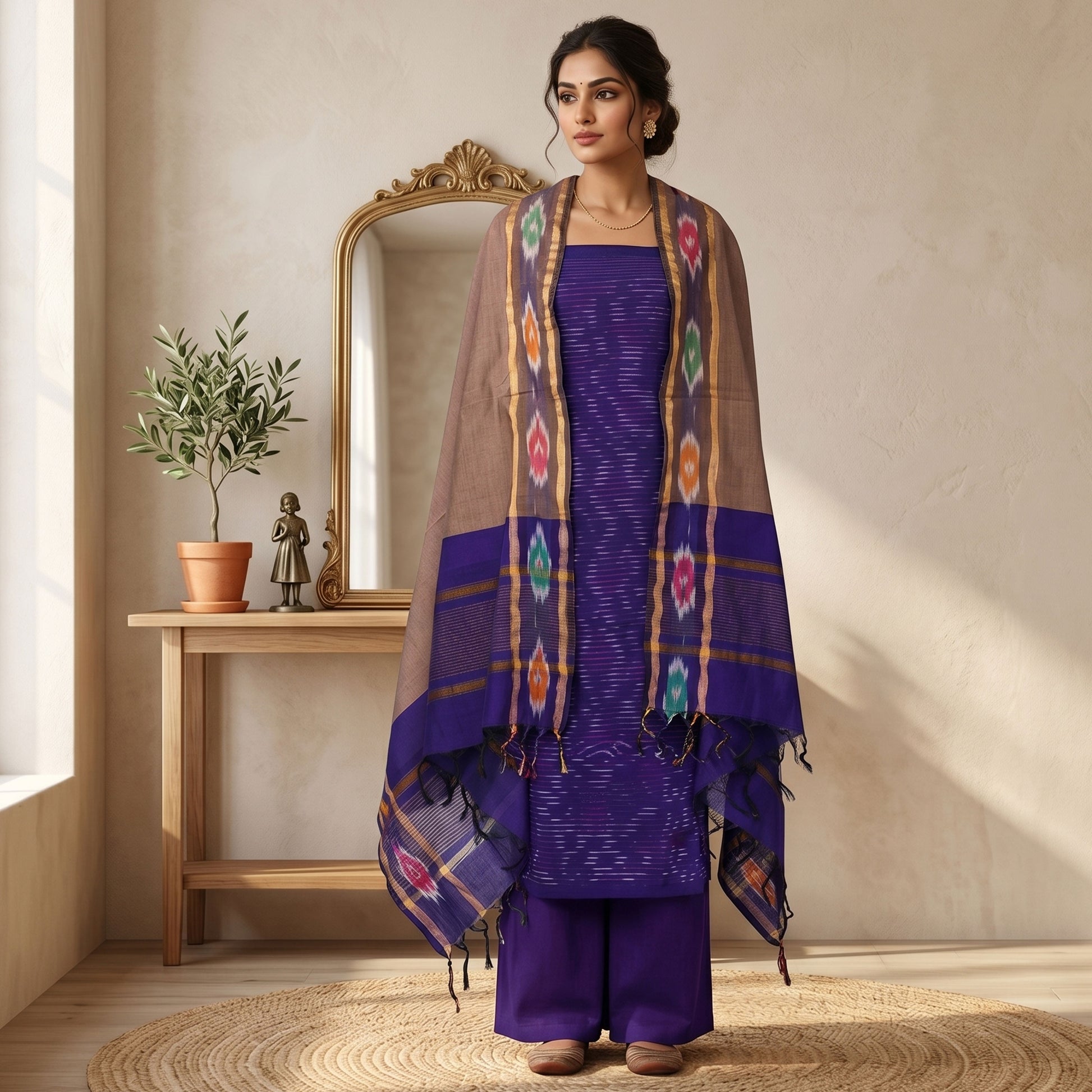 Royal Blue Cotton Salwar Material With Striped Weave Brown Dupatta And Striped Border Front View
