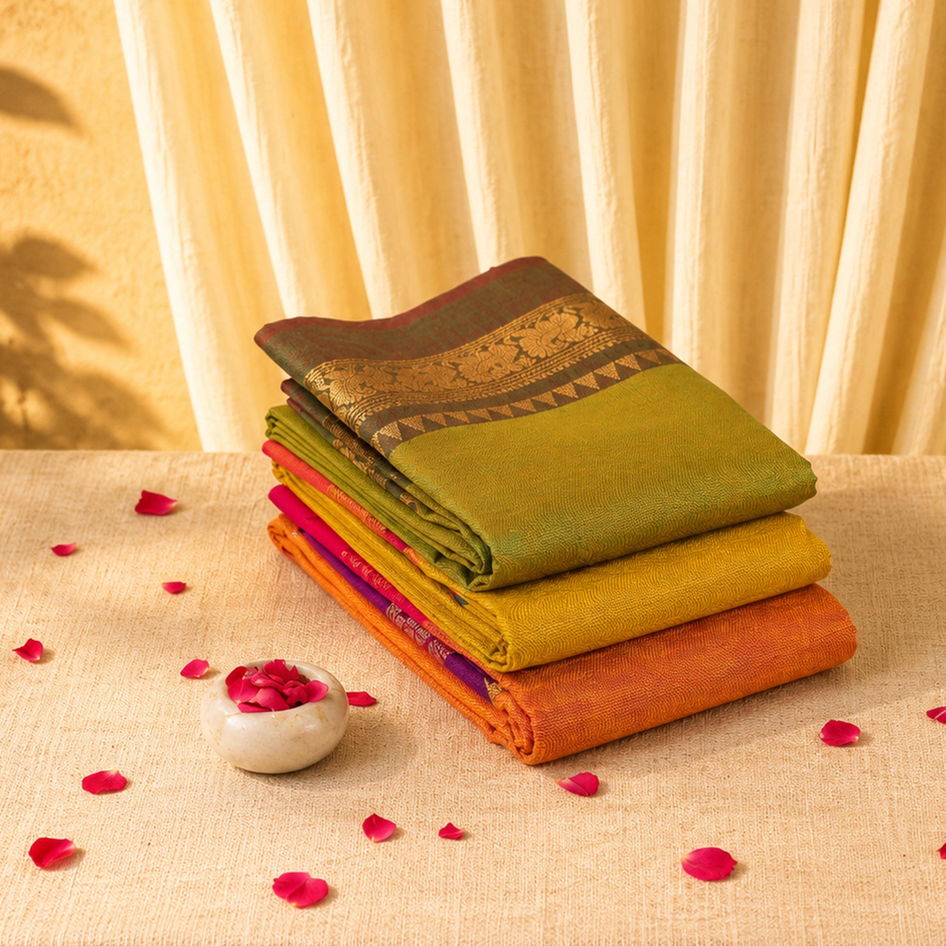 Folded Kanchi cotton sarees featuring intricate woven borders and vibrant multicolor shades on table top