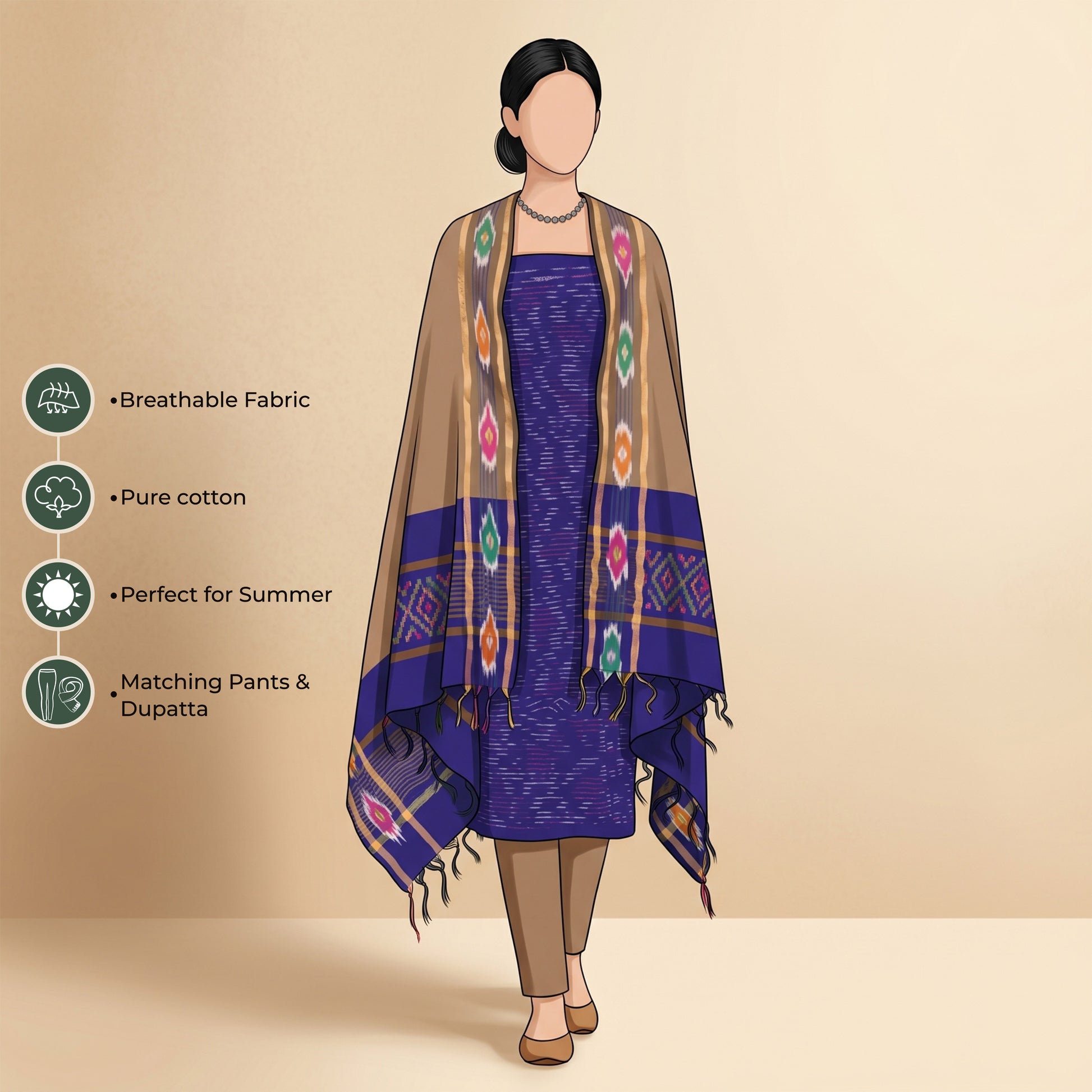 Royal Blue Cotton Salwar Material With Brown Contrast Dupatta Striped Border And Tassel Detail Illustrated Front View
