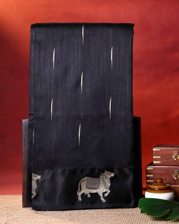 Traditional Paithani Inspired Raw Silk Saree with Butti Motifs and Intricate Animal Woven Border  - Black