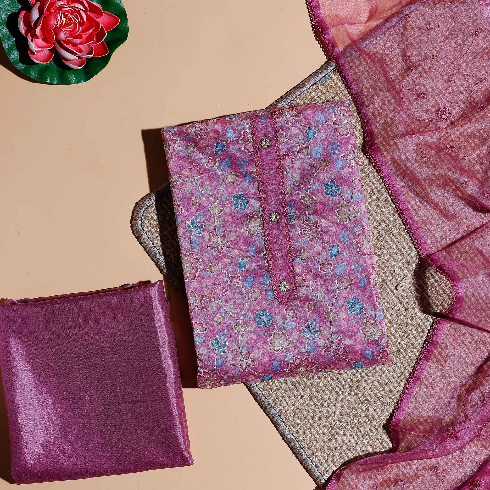 Women's Floral Embroidered Salwar Suit Material with Plain Silk Bottom and Embellished Dupatta - Pink