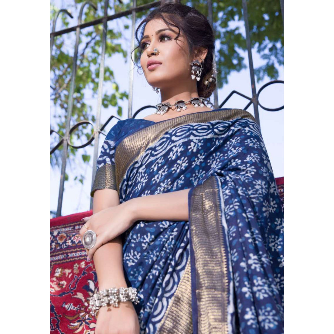 Indigo Blue Colour Printed Chanderi Cotton Saree 1
