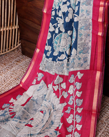 Elegant Traditional Semi Chanderi Kalamkari Saree with Peacock and Floral Motifs with Woven Border - Blue