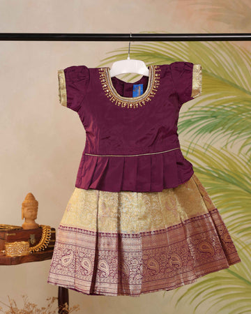 Traditional Kids Pattu Pavadai Readymade a Traditional Ethnic Gown with Zari Border & Puff Sleeves  - Purple