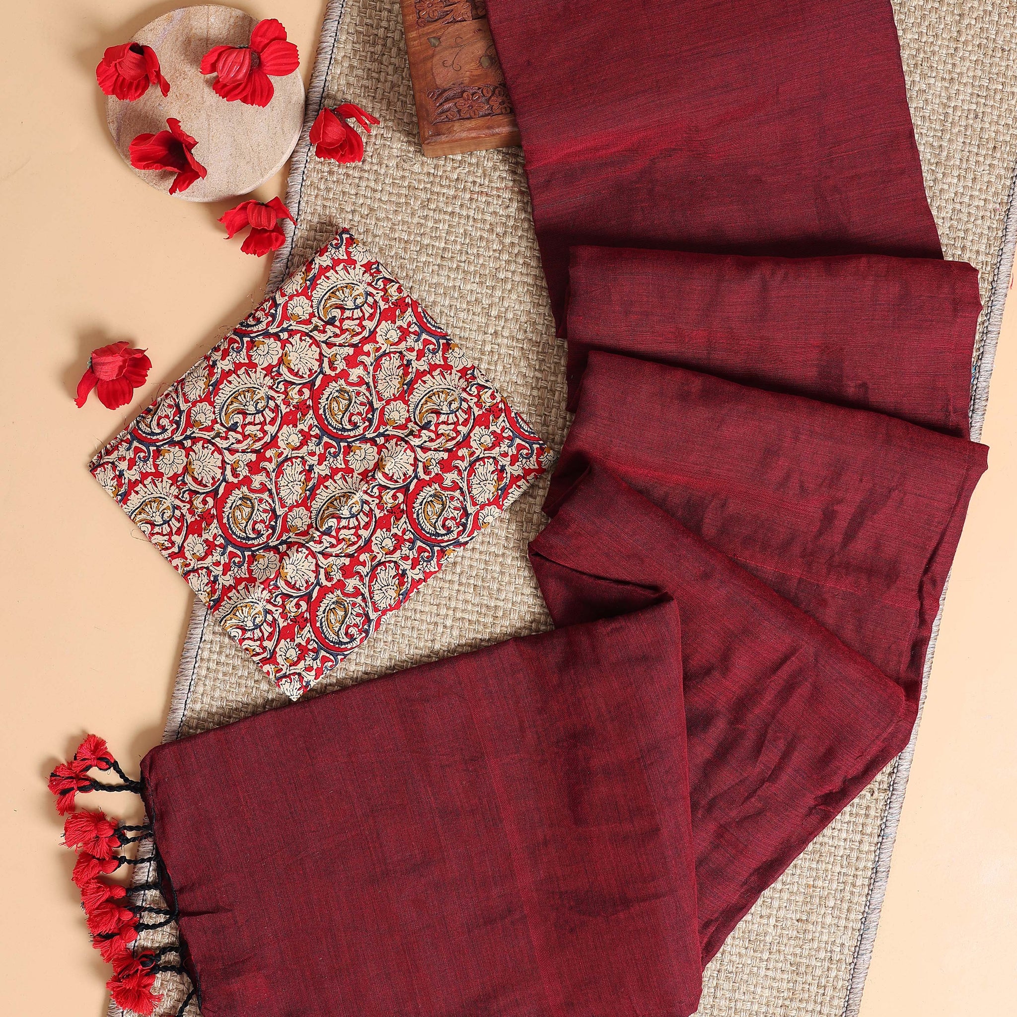 Handwoven Khadi Cotton Saree with Contrast Printed Blouse and Tassel Accents - Maroon