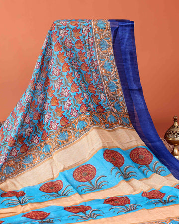 Elegant Georgette Floral Printed Saree With Plain Border - Blue