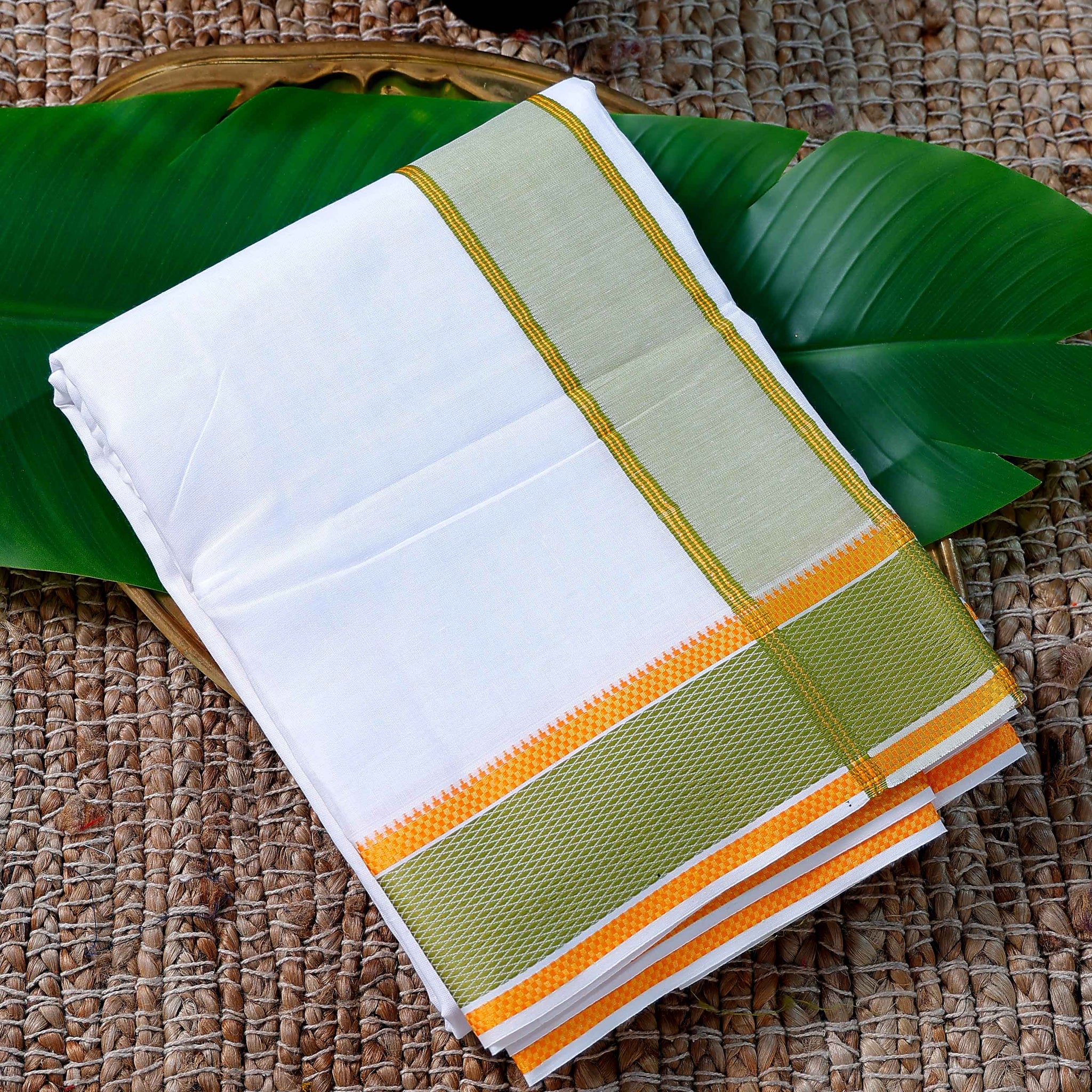 Men’s Cotton Dhoti with Green Colour Border - White