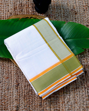 Men’s Cotton Dhoti with Green Colour Border - White