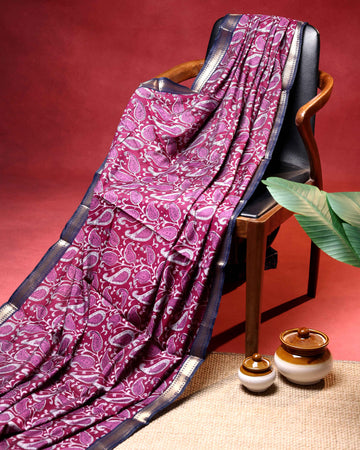 Elegant Semi Chanderi Saree with Paisley Inspired Print and Contrast Zari Border - Purple