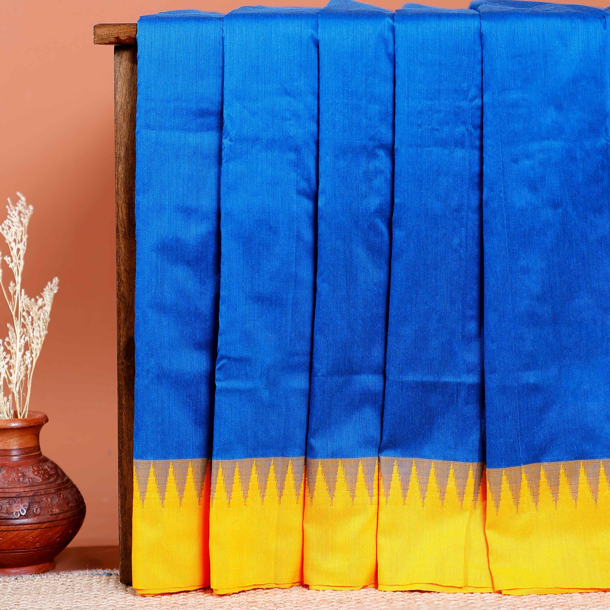 Handloom Kalyani Cotton Saree with Temple Border Design - Blue