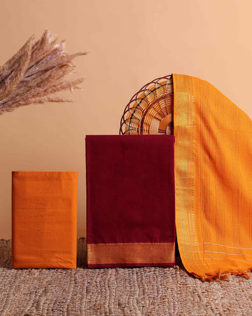 Women's Traditional Cotton Handloom Unstitched Salwar Suit Set Top 2.5m, Pant 2m, Dupatta 2.25m with Woven Zari Border - Maroon