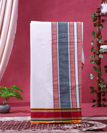 Men’s Classic Handloom Cotton Dhoti (9×5 Meter) with Traditional Multi Border - White